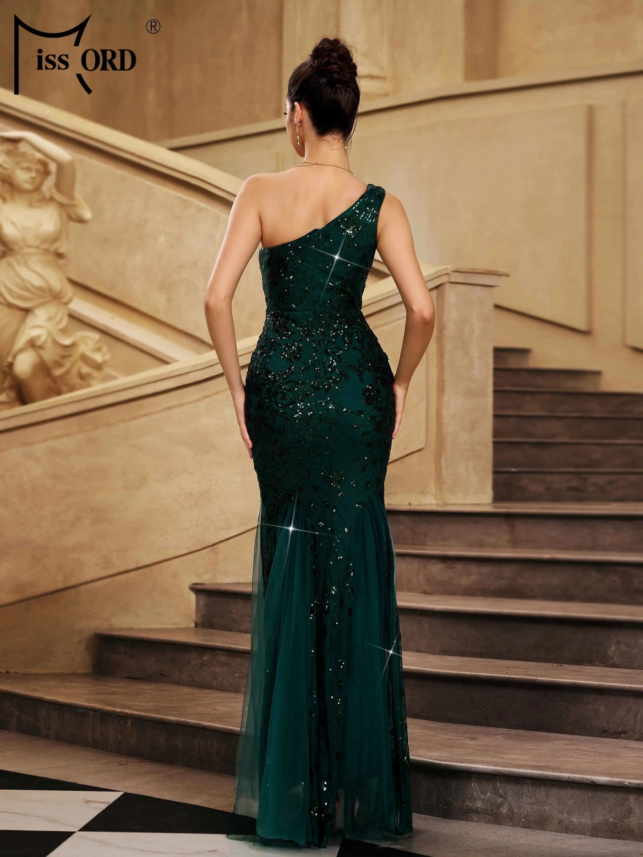 FZ Women's One Shoulder Sequin Mermaid Maxi Evening Dress