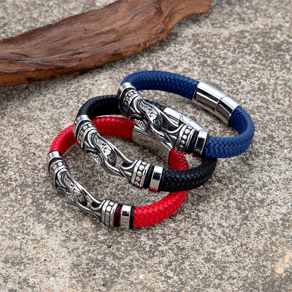 FZ Men's Leather Weaved Stainless Steel Infinity Viking Bracelet