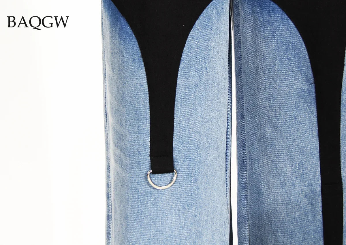 New Design Streetwear Women's High Waisted Jeans Straight Pants Color Block Patchwork Spring Autumn Casual Denim Pants Trousers - FZwear