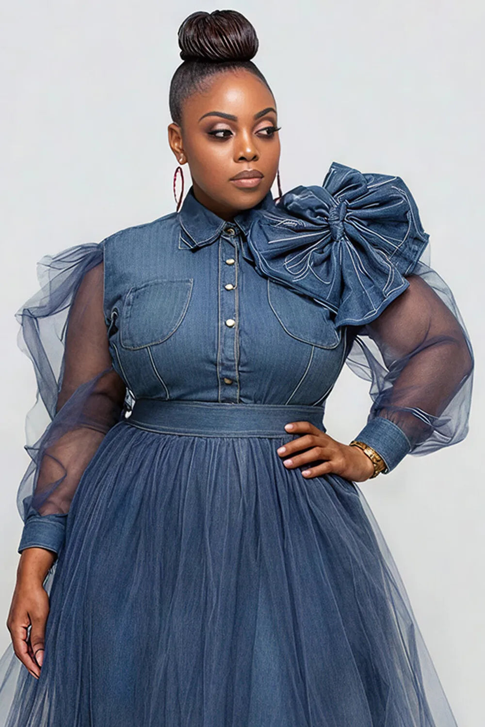 FZ Women's Plus Size Tulle Blue Long Sleeve 3D See Through Denim Midi Dress