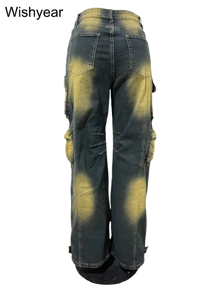 FZ Women's Retro Fashion Tie-dye Wide Leg Washed Mid Waist Denim Pants