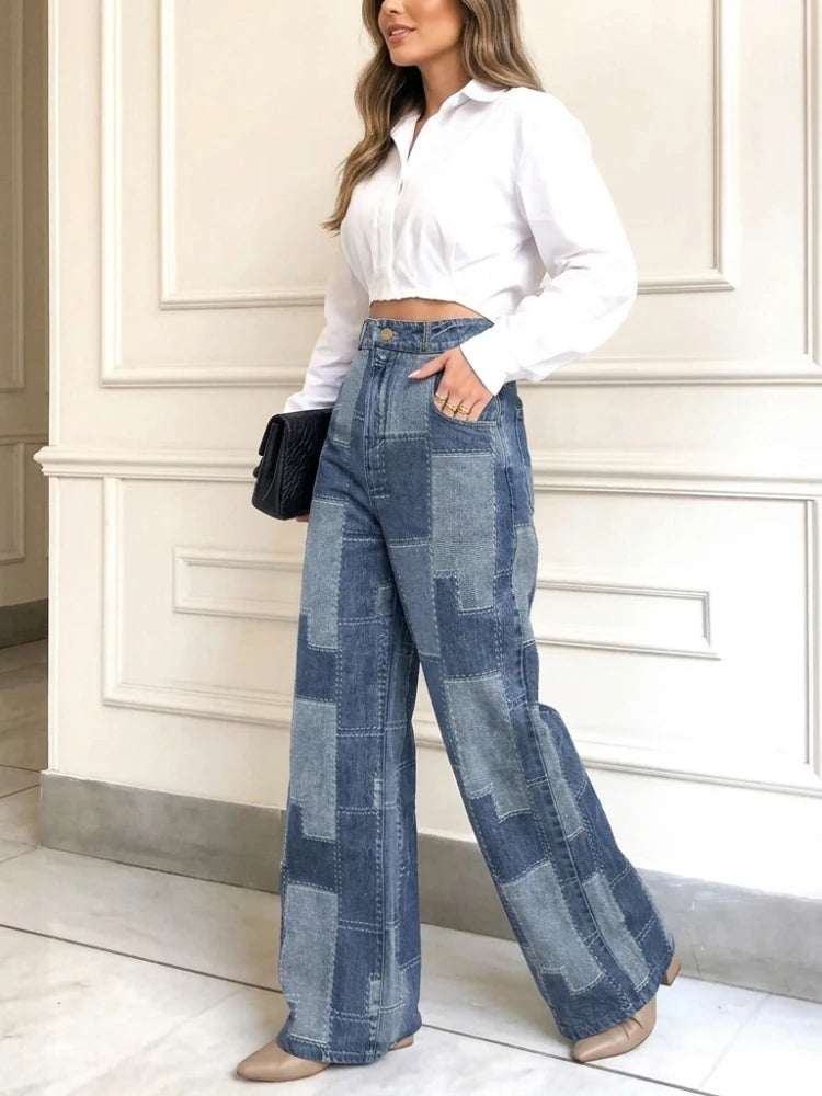 FZ Women's Plaid Contrast Loose Buttoned High Waist Wide Leg Imitation Denim Pants