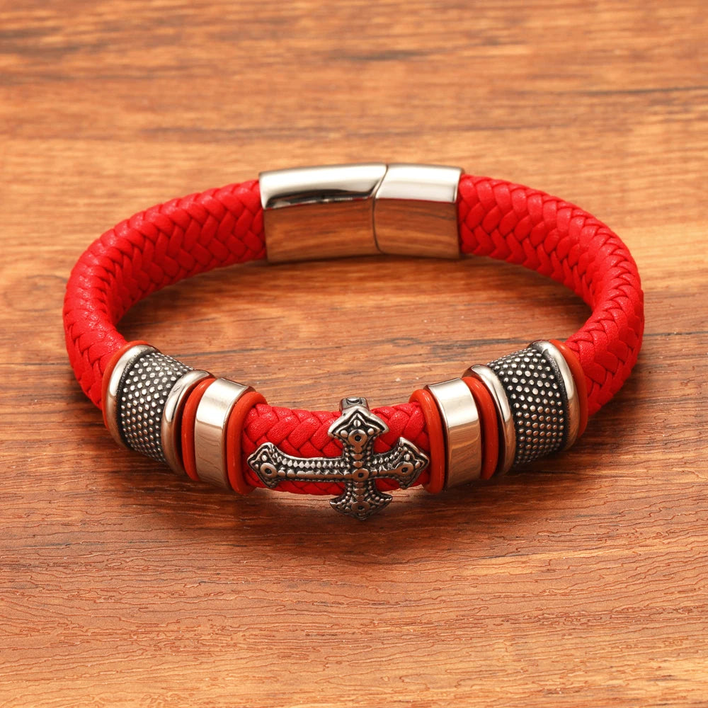 FZ Punk Style Hand Woven Titanium Steel Cross Genuine Leather Bracelet - FZwear