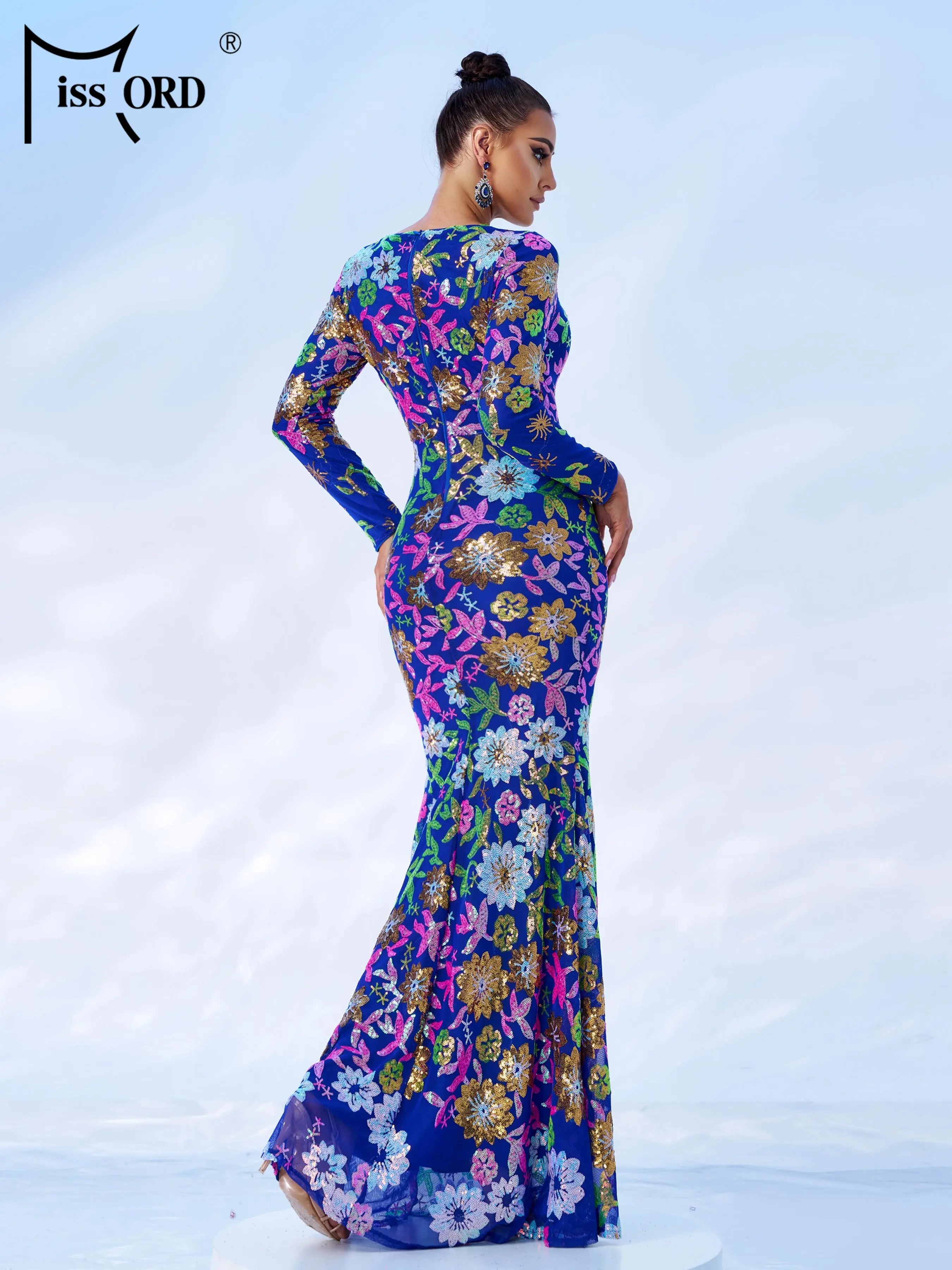 FZ Women's Round Neck Long Sleeved Sequin Mermaid Evening Dress