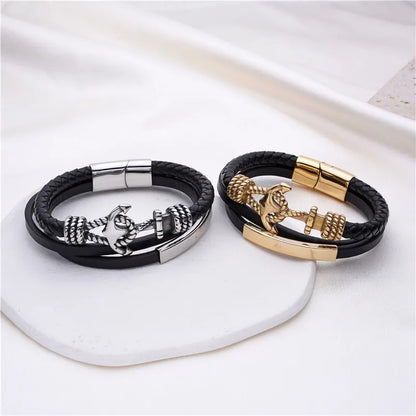 FZ Black Multilayer Leather Stainless Steel Anchor Magnetic Clasp Braided Bracelet - FZwear