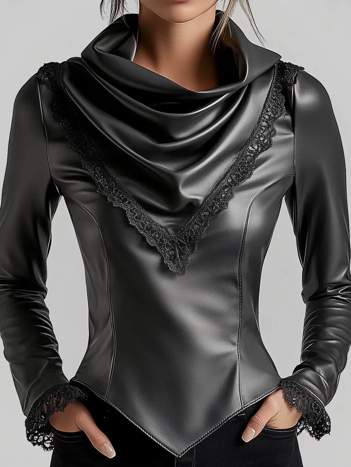 FZ Women's Gothic Punk PU Leather Cowl Neck Lace Trim Long Sleeve Vintage Top