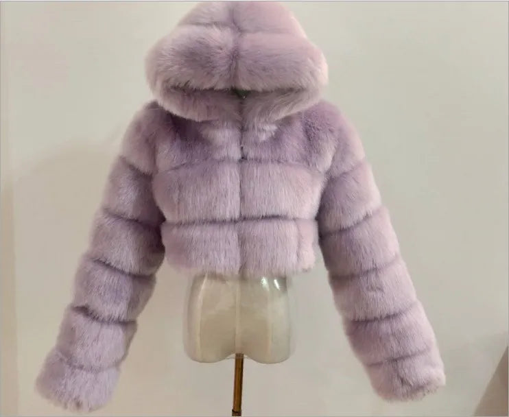 FZ Women's Faux Fur Thick Warm Hooded Open Stitch Short Coat Jacket
