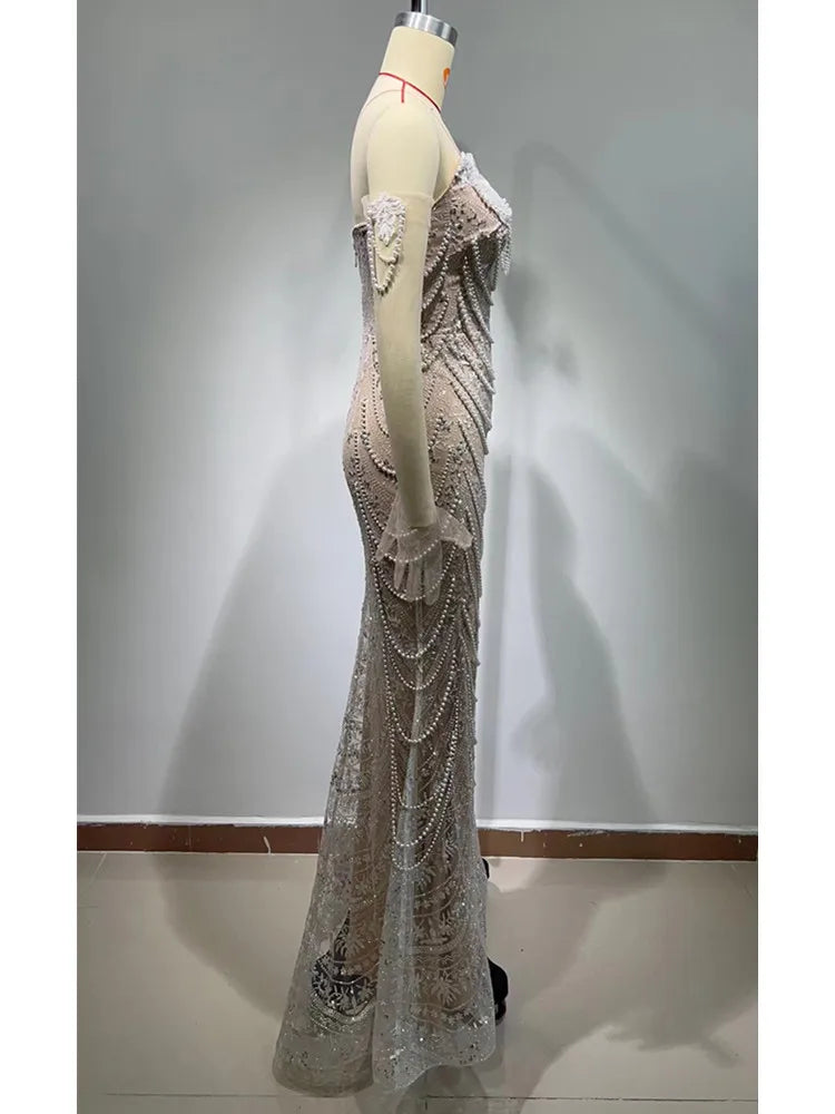 FZ Women's Luxury Sexy Strapless Backless Pearl Sequins Evening Dress - FZwear