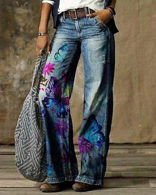 FZ Women's Plus Size Street Retro Butterfly Printed Loose Oversized Flare Denim Pants - FZwear