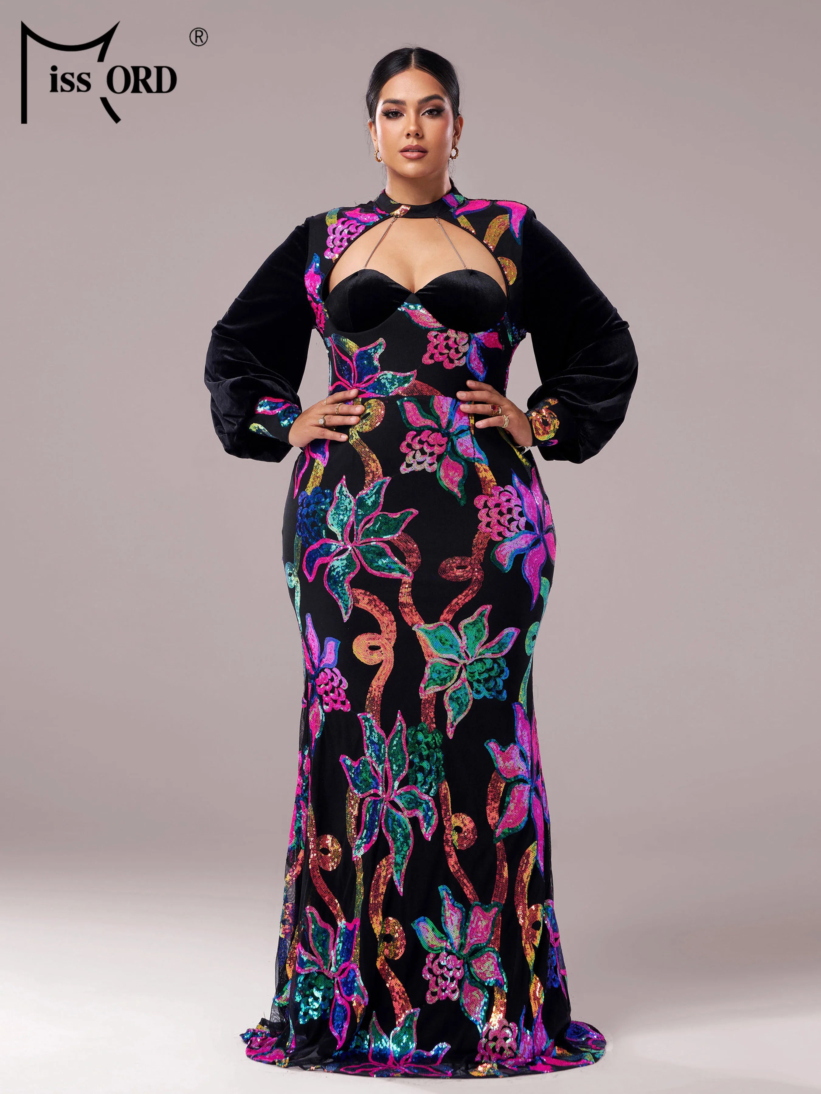 FZ Women's Plus Size Round Neck Lantern Sleeves Floral Sequin Mermaid Evening Dress