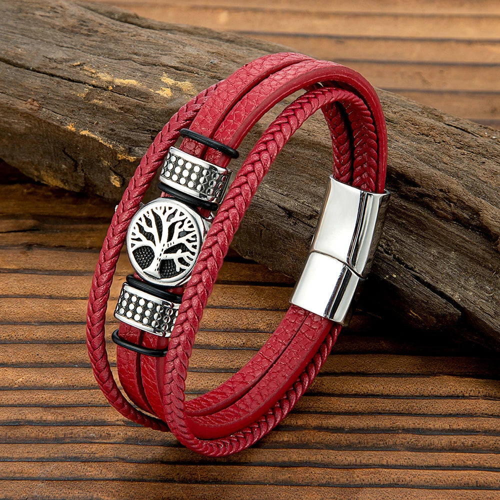 FZ Punk Style Stainless Steel Tree of Life Braided Multilayer Leather Bracelet