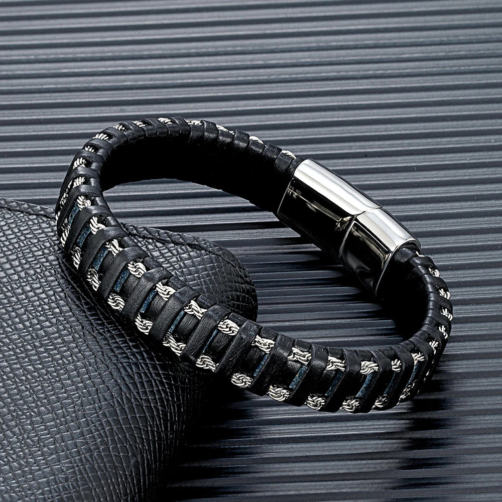 FZ Stainless Steel Link Chain Combination Blue Leather Bracelet - FZwear