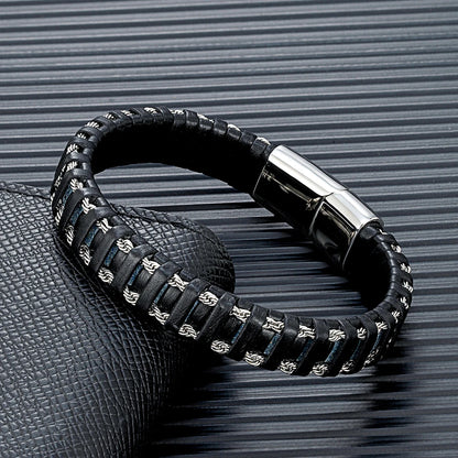 FZ Stainless Steel Link Chain Combination Blue Leather Bracelet - FZwear