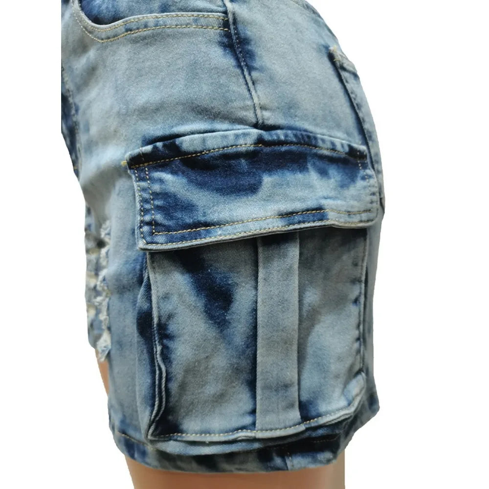 FZ Women's Tie Dye Blue Print Hole Pocket Denim Shorts