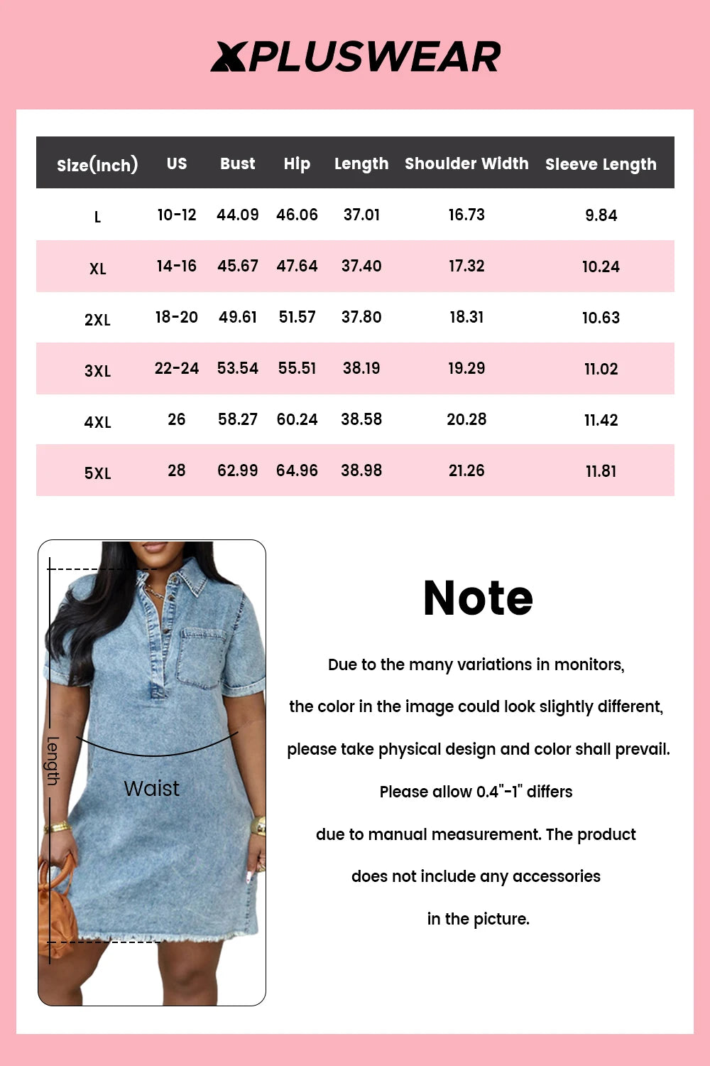 FZ Women's Plus Size Turndown Collar Short Sleeve Trimmings Mini Denim Dress