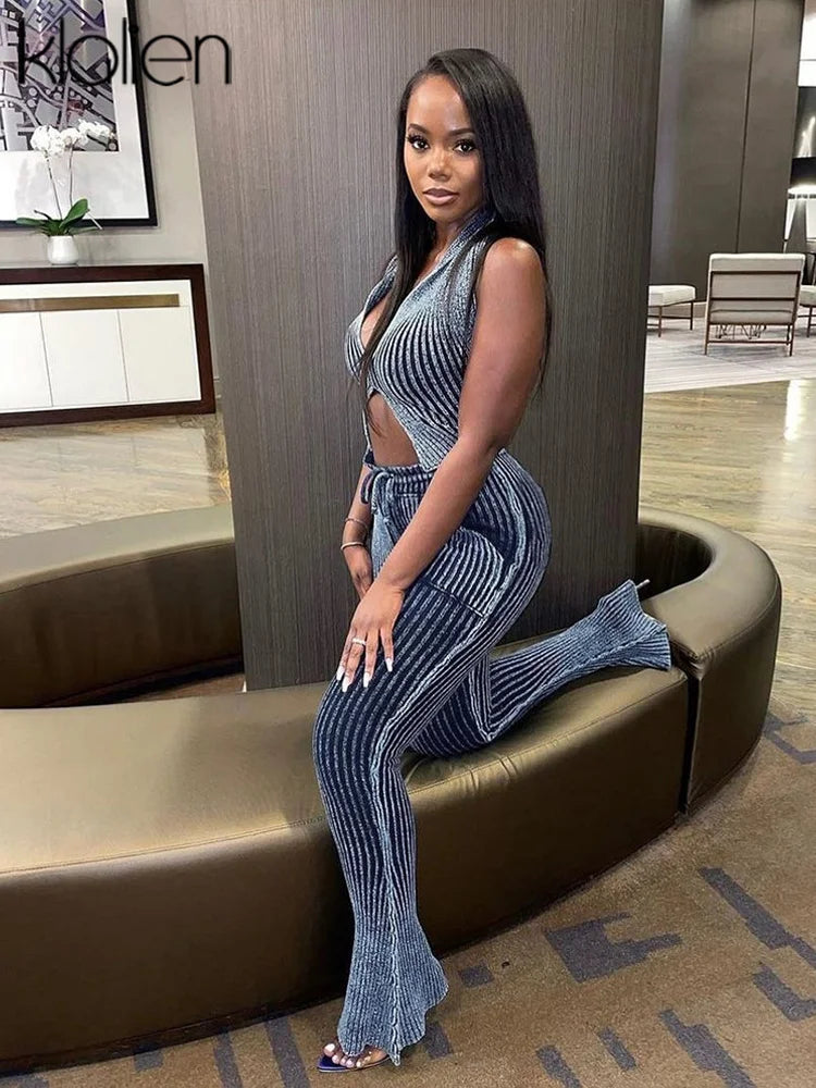 FZ Women's Halter Backless High Waist Y2K Flare Denim Pants Suit - FZwear