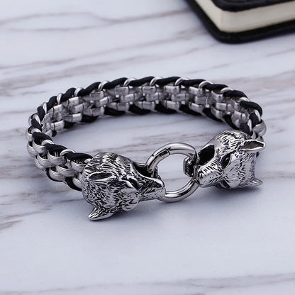 FZ Double Wolf Charm Stainless Steel Cowhide Leather Bracelet