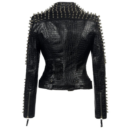 FZ Women's Steampunk Rock Rivet Slim Gothic Embroidery PU Leather Jacket
