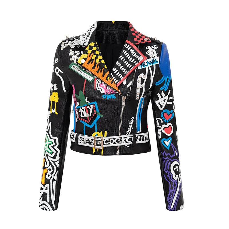 FZ Women's Spring Printed Pu Motorcycle Wear Leather Punk Rock Jacket - FZwear