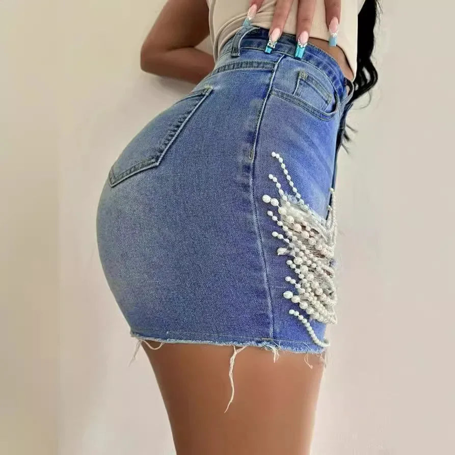 FZ Women's Ripped Pearl Chain Pockets High Waist Denim Shorts
