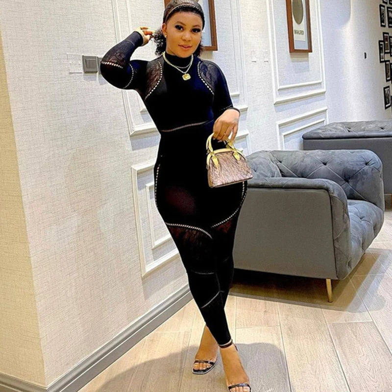 FZ Women's See Though Mesh Patchwork Skinny Long Sleeve Jumpsuit