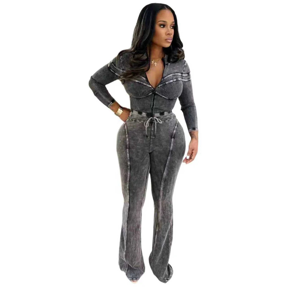 FZ Women's Acid Washed Long Sleeve Zip Flare Pants Suit