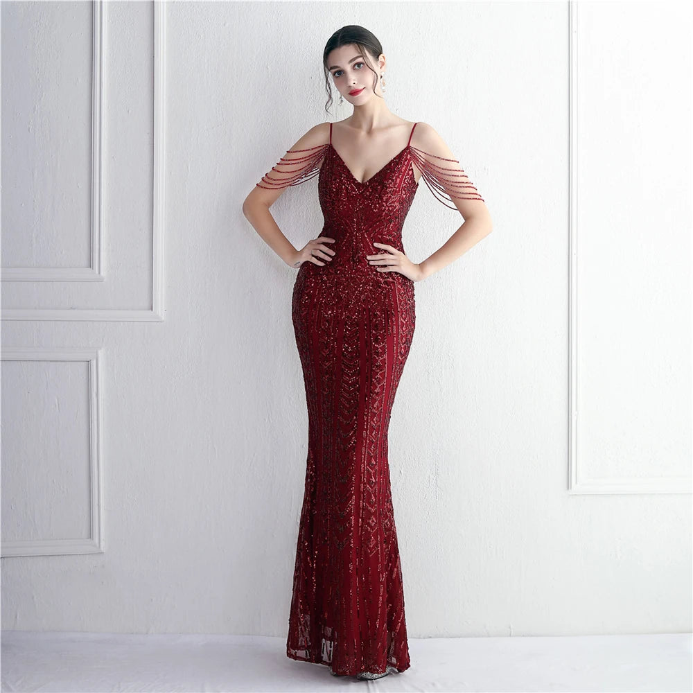 FZ Women's Sequin Long Strap Sleeveless V-neck Evening Dress
