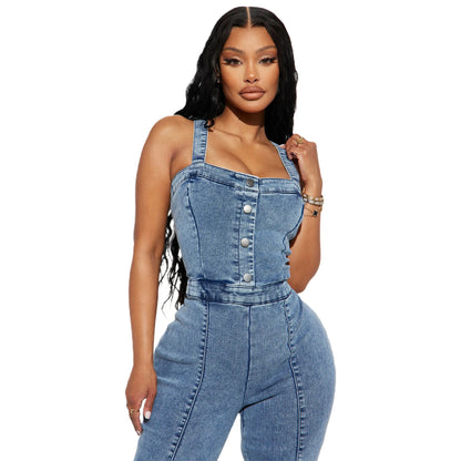 FZ Women's Sexy Strap Wide Leg Pants Flare Denim Jumpsuit