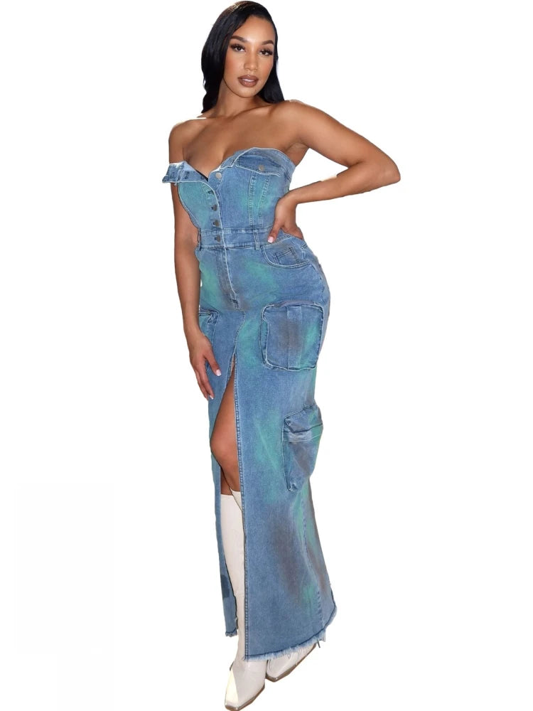 FZ Women's Strapless Sexy Retro Elegant High Waist Denim Dress - FZwear
