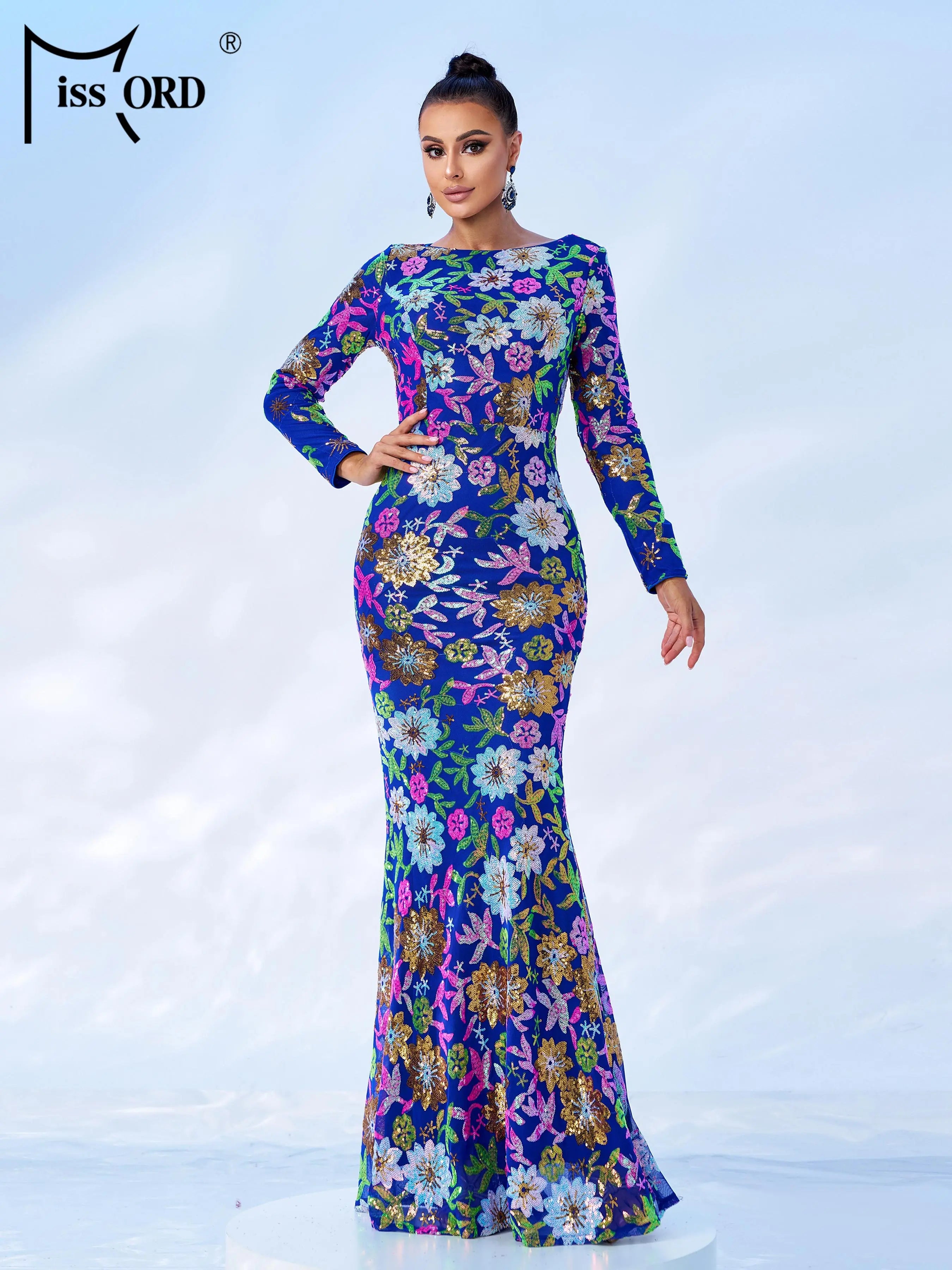 FZ Women's Round Neck Long Sleeved Sequin Mermaid Evening Dress