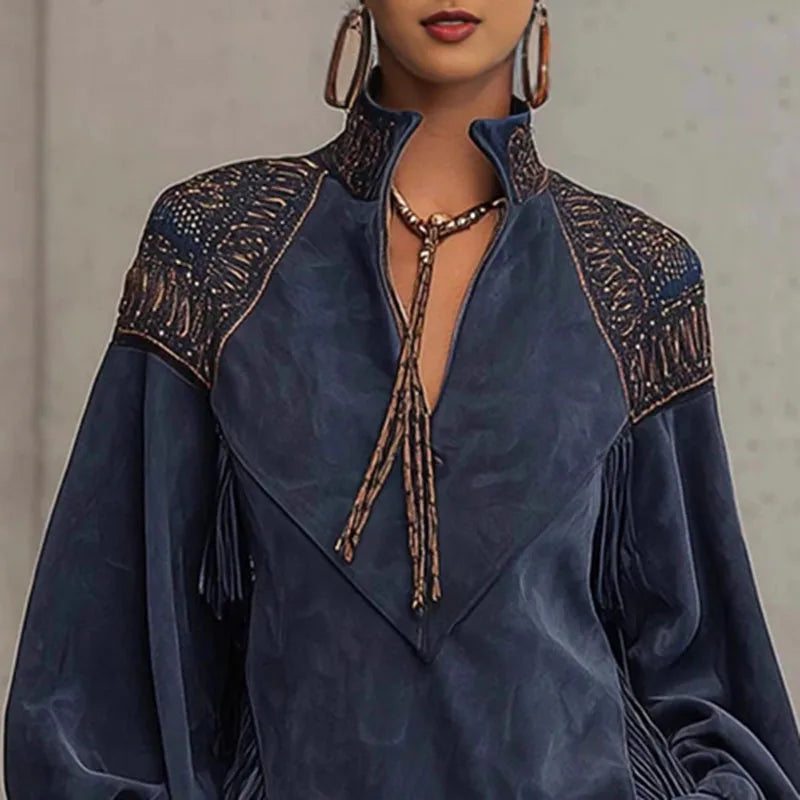 FZ Women's Vintage Fashion Print Tassels Mini Dress