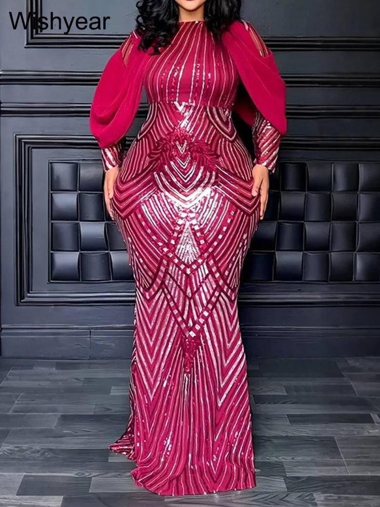FZ Women's Sequined Long Sleeve Slim Mermaid Evening Dress