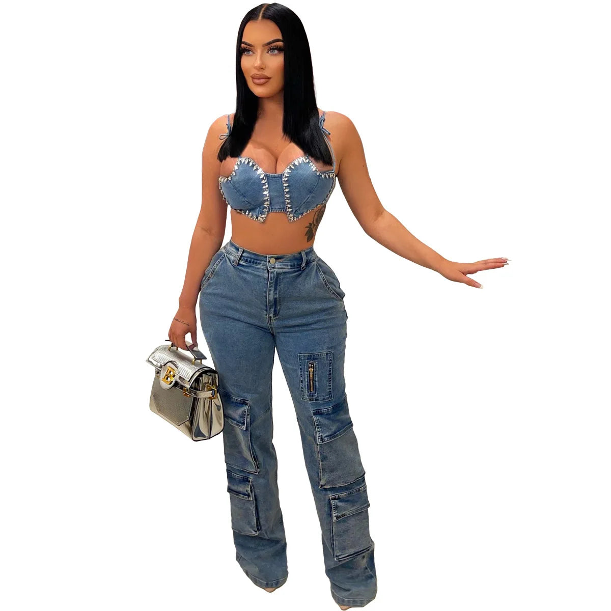 FZ Women's Wide Leg High Waist Cargo Y2K Streetwear Fashion Denim Pants - FZwear