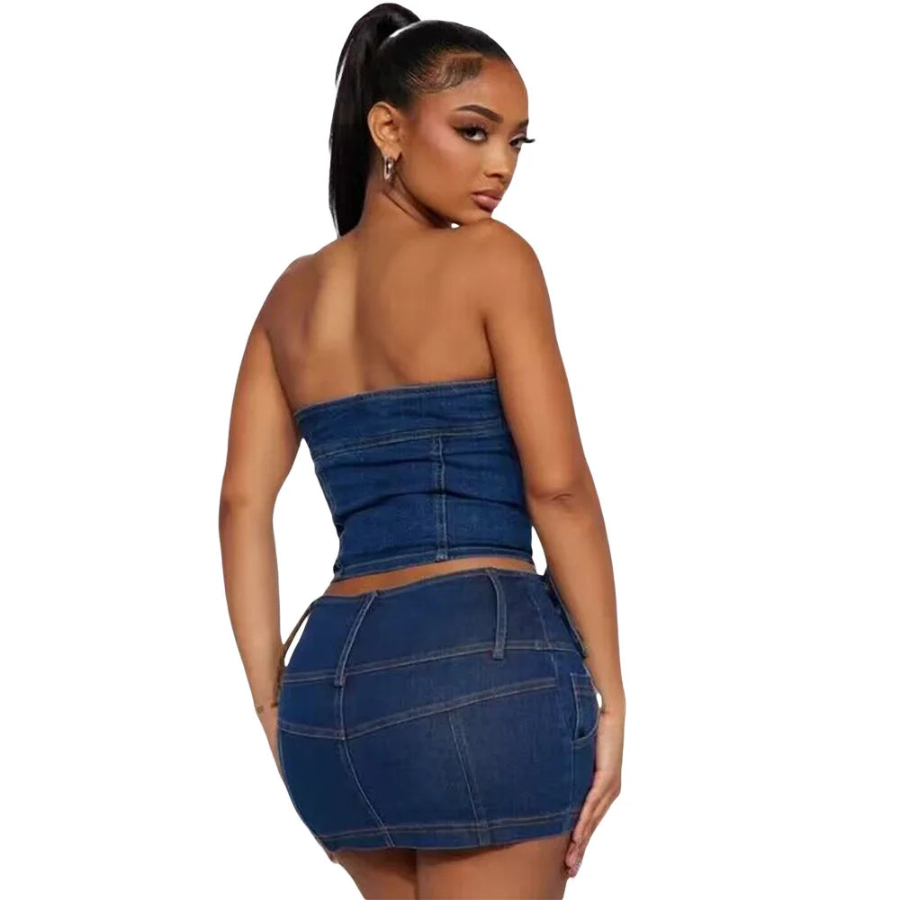 FZ Women's Strapless Denim Stretch Skirt Suit - FZwear