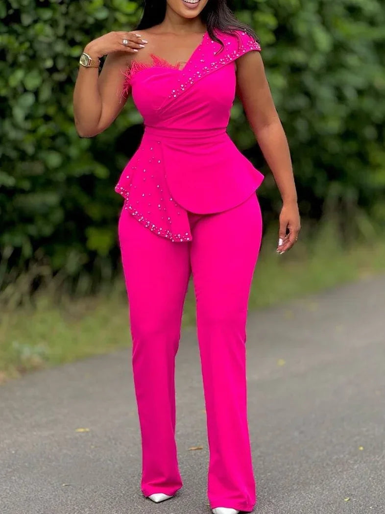 FZ Women's One Shoulder Feather Diamond Peplum One Piece Jumpsuit