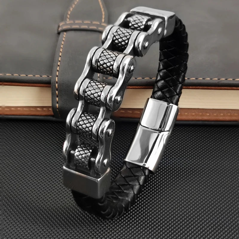FZ Classic Locomotive Chain Leather Stainless Steel Punk Magnetic Clasp Bracelet