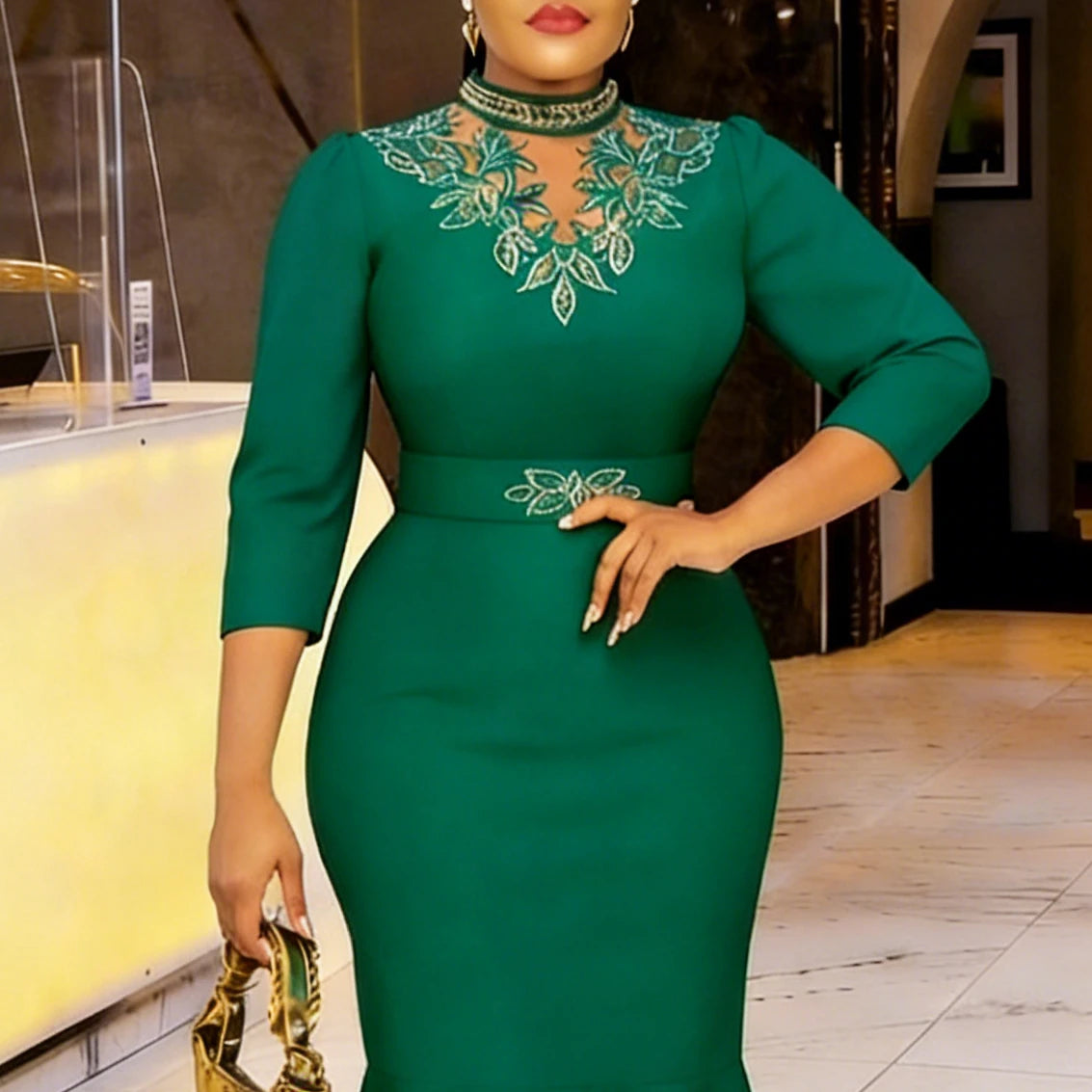 FZ Women's Mock Neck Lace Patchwork 3/4 Sleeves High Waist Dress