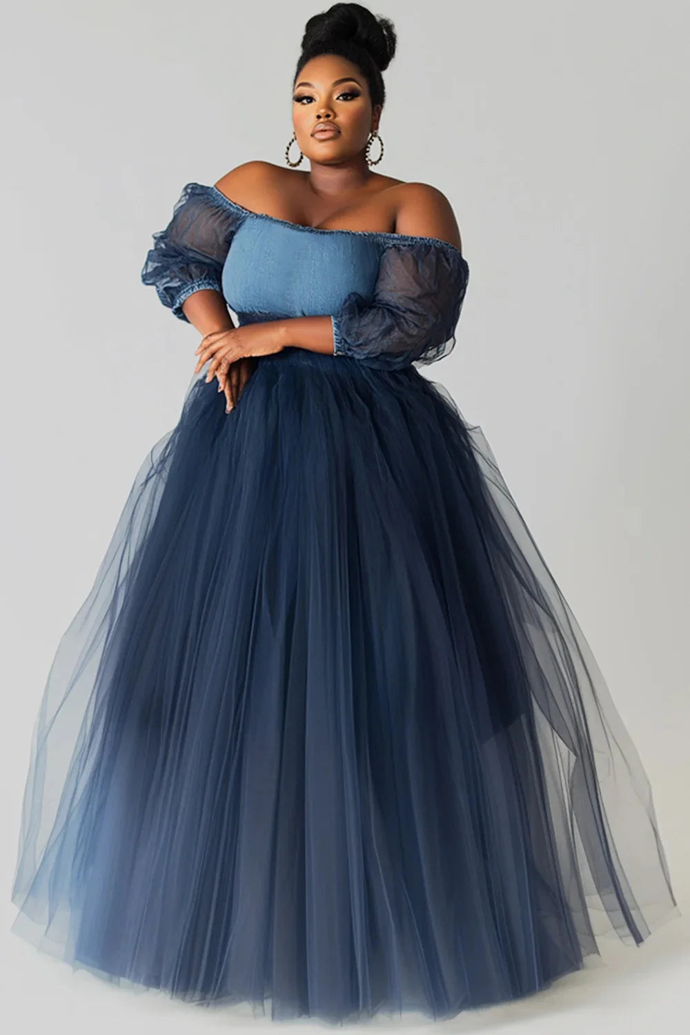 FZ Women's Plus Size Off The Shoulder See Through Contrast  Maxi Denim Evening Dress