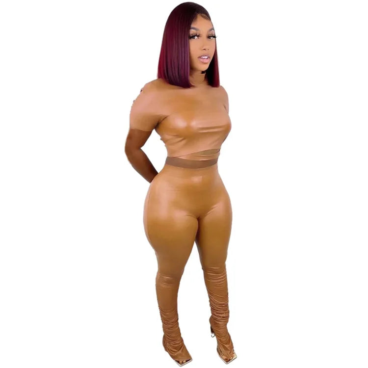 FZ Women's Solid Bandage Sexy Slim PU Leather Two Piece Pants Suit - FZwear