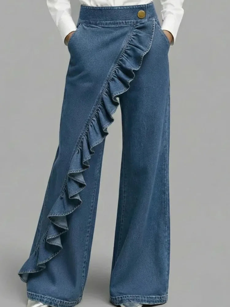 FZ Women's Loose Irregular Splicing High Waisted A-line Wide Leg Denim Pants