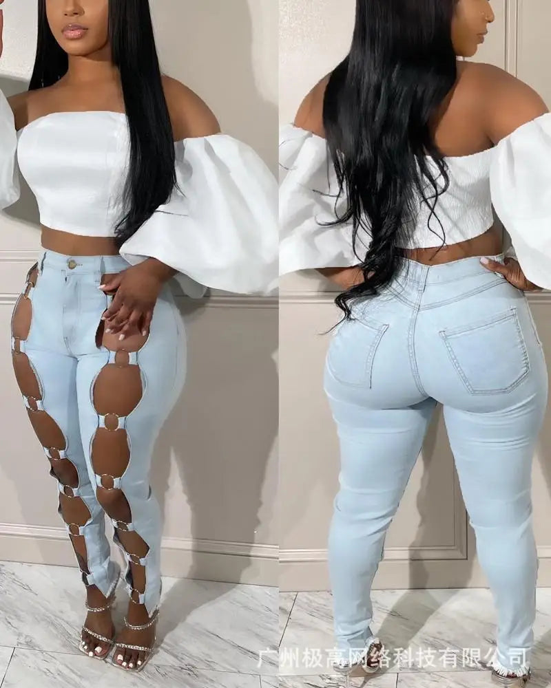 FZ Women's Streetwear Pencil Hollow Out Stretch Ripped Denim Pants