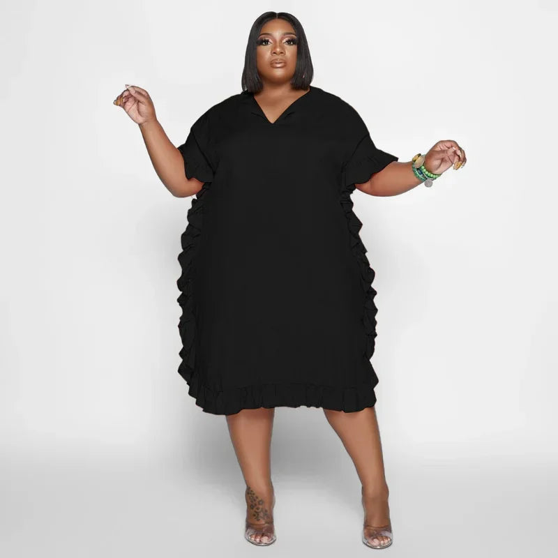 FZ Women's Plus Size Side Ruffles Short Sleeve Midi Streetwear Dress