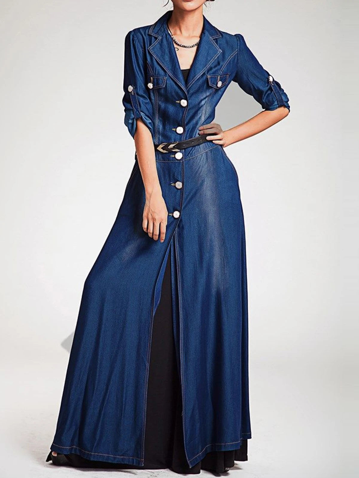 FZ Women's  Single Breasted Slim Vintage Lapel Collar Maxi Denim Dress