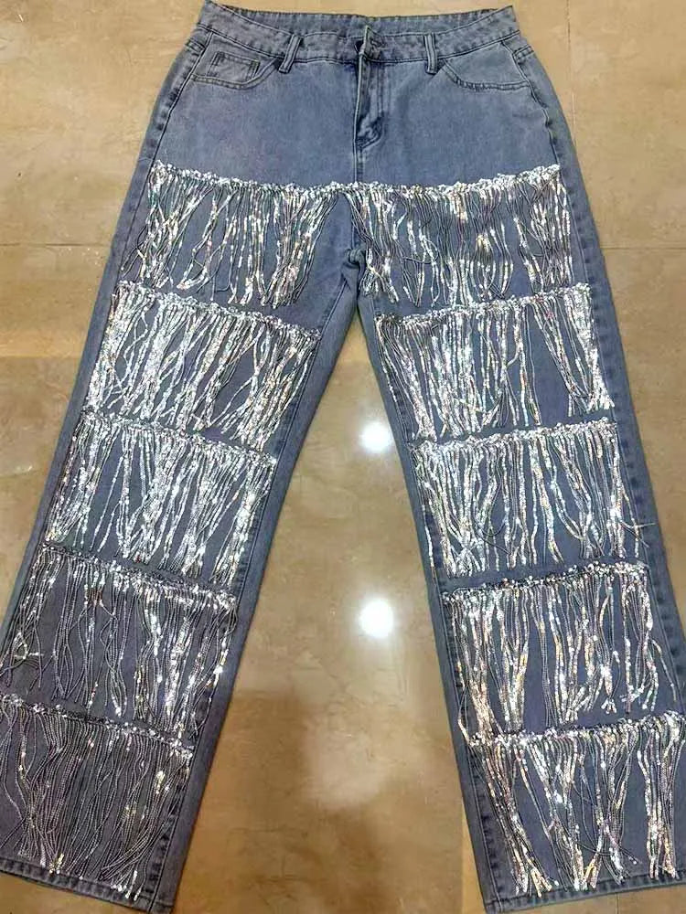 FZ Women's Sequined Tassel High Waist Straight Denim Pants