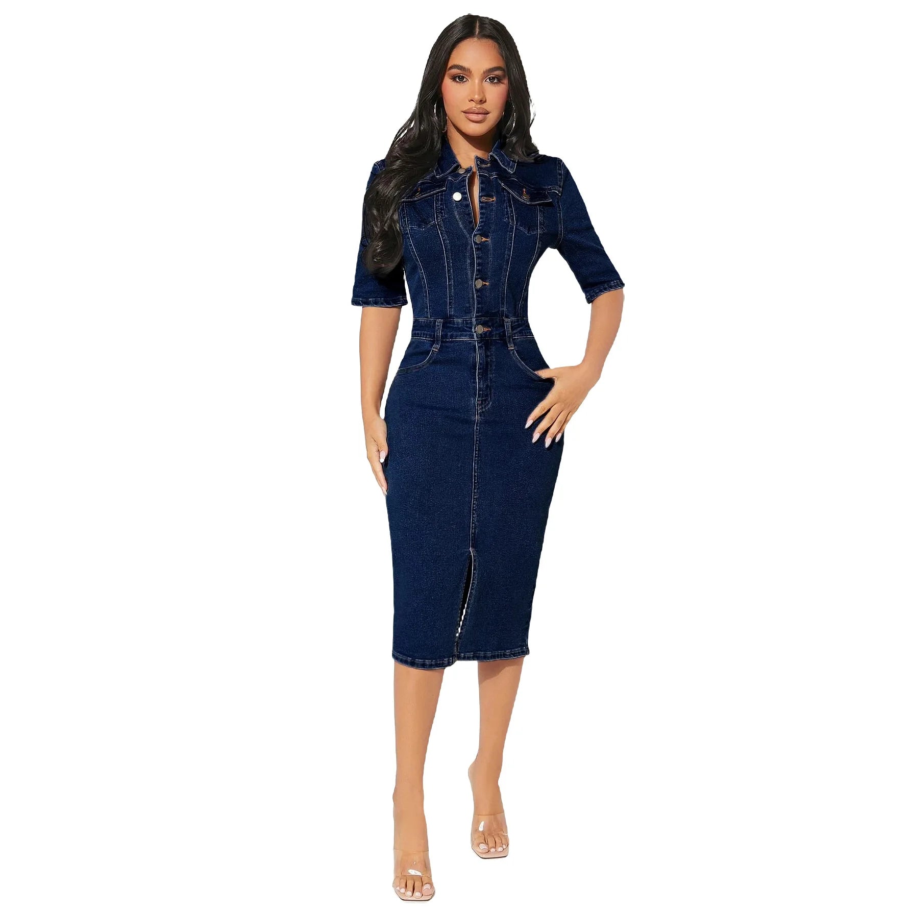 FZ Women's Short Sleeve Elastic Buttons Jeans Mid Length Denim Dress - FZwear