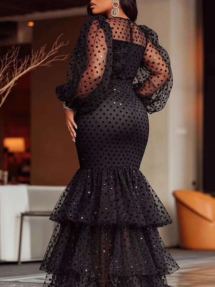FZ Women's Plus Size Polka Dots Crew Neck Mesh Sheer Tiered Ruffle Hem Evening Dress