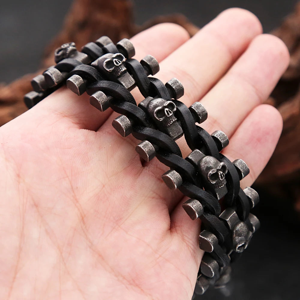 FZ Black Skull Braided Leather Stainless Steel Cool Skull Bracelet