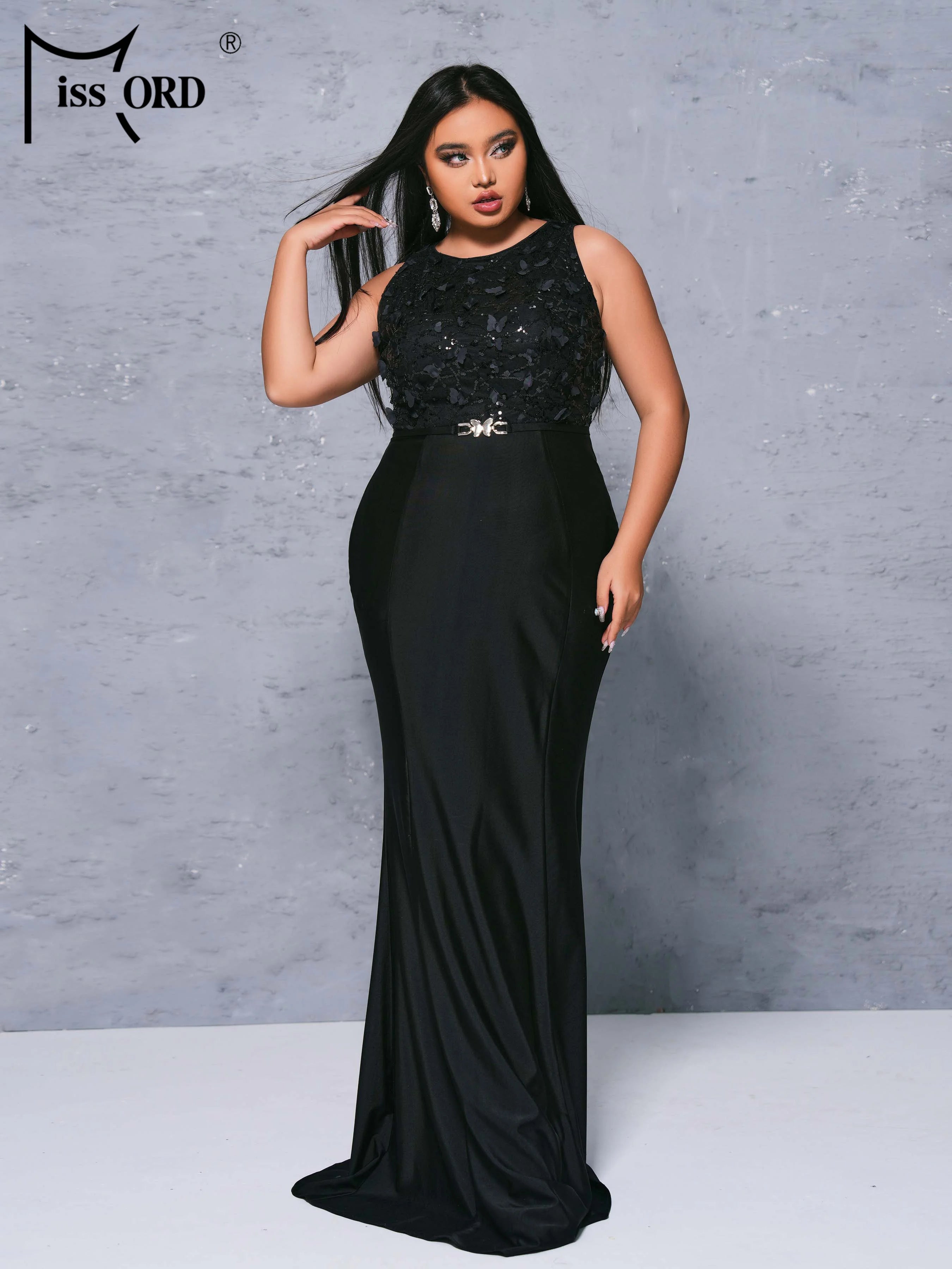 FZ Women's Plus Size Round Neck Sleeveless Panel Black Mermaid Evening Dress\