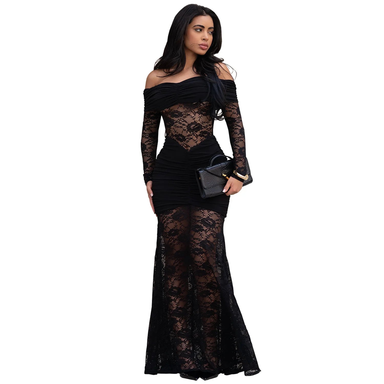 FZ Women's Lace See Through Patchwork Off Shoulder Long Sleeves Evening Dress