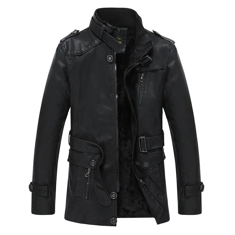 FZ Mens Long Windproof Solid Color Slim PU Leather Jacket